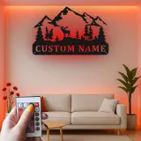 Cartel de metal con alce personalizado con LED | Decoración mural de montaña personalizada | Decoración rústica para cabaña y regalo para amantes del aire libre