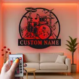 Insegna in metallo LED a forma di set di tamburi personalizzata Regalo per musicisti Decorazione per sala musica per batteristi