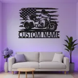 Panneau LED personnalisé pour trike | Plaque de nom de motard avec drapeau américain | Décoration murale en métal pour garage | Cadeau pour homme cave