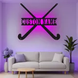 Insegna in metallo personalizzata con bastoni da hockey su prato e luce LED, regalo personalizzato per giocatori di hockey su prato, decorazione per sala giochi