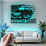 Personalisierter Vintage-Truck mit amerikanischer Flagge LED-Licht Metall-Wandkunst Geschenk für Ihn Garagen- oder Männerecken-Dekor