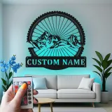 Insegna LED Ruota Mountain Bike Personalizzata | Arte in Metallo Personalizzata per Ciclisti | Decorazione per Avventure all'Aperto e Man Cave