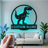 Cartel de metal personalizado de luz LED de dinosaurio T-Rex regalo personalizado para la habitación o sala de juegos de los niños 1