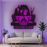 Insegna in metallo personalizzata con scena di campeggio e LED per decorare patii o cabine