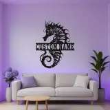 Insegna in Metallo Personalizzata Cavalluccio Marino | Arte Murale LED con Nome | Decorazione per Casa Costiera | Regalo per Casa al Mare