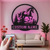 Insegna in metallo personalizzata con LED | Arte murale equestriana personalizzata | Regalo per amanti dei cavalli