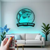 Panneau de pêche personnalisé avec LED | Décoration murale en métal sur mesure | Plaque au nom du pêcheur pour maison de lac et chalet