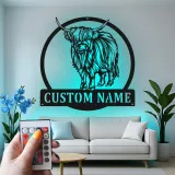 Décoration murale LED en métal Highland Cow | Enseigne ferme personnalisée | Cadeau déco rustique sur mesure pour amoureux des vaches