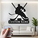 Custom Hockey Player Metal Sign | LED Light Wall Art | Personalized Game Room Decor | Hockey Fan Gift
