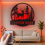 Insegna in metallo LED personalizzata con cervo e foresta, regalo per amanti della natura, decorazione rustica per soggiorno