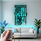 Décoration murale en métal personnalisée avec cerf et drapeau américain, éclairage LED, cadeau personnalisé pour chasseurs, décoration de cabane rustique 3
