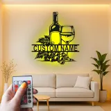 Décoration murale en métal personnalisée avec bouteille de vin et verre en rétroéclairage - Cadeau pour les amateurs de vin, décoration de cuisine ou de bar