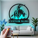 Insegna in metallo personalizzata Rodeo Bull Rider | Arte murale in metallo LED per decorazioni western e ranch | Regalo per cowboy