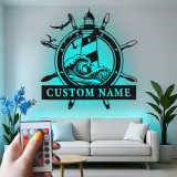 Custom Lighthouse Wall Art | Personalized LED Metal Sign with Nautical Waves | Beach House Decor & Sailor Gift