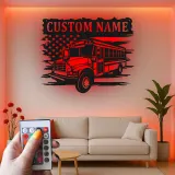 Personalized School Bus Driver LED Sign | American Flag Metal Wall Art | Custom Name Gift for Garage or Office Decor