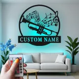 Décoration murale en métal personnalisée avec rétroéclairage LED - Cadeau pour musiciens - Décor de salle de musique avec notes de musique et trompette