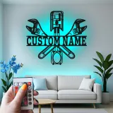 Custom LED Mechanic Sign | Metal Piston & Wrenches Wall Art | Personalized Garage Decor | Auto Shop Lighted Gift
