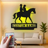 Custom Cowboy Couple on Horse Led Light Metal Wall Art Western Gift for Couples Ranch Home Decor