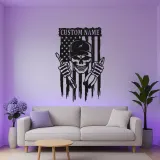Panneau en métal crâne de mécanicien personnalisé | Décoration murale rétroéclairée pour garage | Cadeau patriotique pour réparateur avec drapeau américain