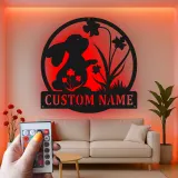 Insegna in metallo LED personalizzata con coniglio e fiori, regalo per nursery, decorazione per stanza dei bambini