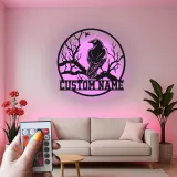 Cartel de Metal Silueta de Cuervo | Arte Mural LED Personalizado con Nombre | Decoración Gótica para Hogar y Oficina