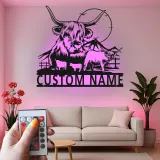 Arte mural de metal LED de vaca Highland | Cartel personalizado para rancho | Decoración rústica personalizada para amantes del ganado | Placa familiar rústica