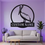 Panneau en métal LED personnalisé de pélican | Art mural côtier | Décor de maison de plage personnalisé | Cadeau en silhouette d'oiseau nautique