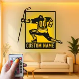 Arte metálico personalizado de jugador de hockey | Cartel LED con nombre a medida para sala de juegos | Regalo para deportista | Decoración para cueva masculina