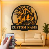 Décoration murale en métal personnalisée avec lumière LED de loup et forêt