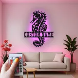 Cartel de metal personalizado de caballito de mar con LED | Arte mural náutico personalizado | Regalo de decoración para casa de playa y hogar costero