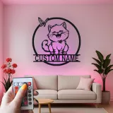 Custom Cat and Butterfly Led Light Metal Wall Art Personalized Gift for Cat Lovers Bedroom or Living Room Decor