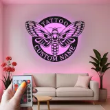 Custom Death's Head Moth LED Sign | Layered Metal Wall Art | Tattoo Studio Decor | Gothic Home Aesthetic | Personalized Business Logo
