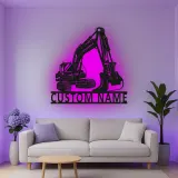 Décoration murale en métal personnalisée avec rétroéclairage pour excavateur - Cadeau de construction pour lui - Décor de garage pour passionnés d'équipement lourd