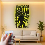 Custom Bigfoot American Flag Led Light Metal Wall Art Unique Gift for Outdoor Enthusiasts Rustic Cabin Decor