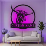 Décoration murale en métal personnalisée avec longhorn et rétroéclairage LED - Cadeau pour rancher, décoration de style western pour la maison