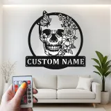 Floral Skull LED Metal Sign | Personalized Gothic Name Plaque | Custom Butterfly Wall Art for Home, Studio & Salon