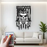 Patriotic Skull LED Wall Art | Custom Firefighter Metal Sign | American Flag Man Cave Decor | Personalized Gift for Him