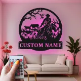 Cartel de metal personalizado con rancho vaquero y luz LED, regalo western para él, decoración rústica de granja