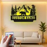 Cartel de metal LED de oso de montaña personalizado, regalo para amantes de la naturaleza, decoración de cabaña o refugio