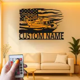 Black Hawk Helicopter LED Metal Wall Art | Personalized Pilot Gift | Custom Name Sign | Patriotic American Flag Wall Decor