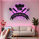 Décoration murale en métal personnalisée Chapeau de Chef et Ustensiles avec rétroéclairage LED