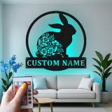 Personalized Rabbit Sign with LED | Custom Floral Bunny Metal Wall Art | Boho Nursery Decor | Unique Easter & Rabbit Lover Gift