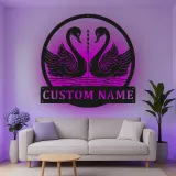 Cartel de metal personalizado con luz LED de pareja de cisnes, regalo romántico para parejas, decoración para dormitorio o salón