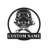 Panneau Mécanicien Crâne Personnalisé | Décoration Murale en Métal Rétroéclairée | Décor de Garage Personnalisé pour Lui | Cadeau Motard