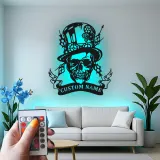 Insegna in metallo LED Teschio Steampunk | Insegna con Nome Personalizzato per Man Cave | Decorazione per Stanza di Gioco Gotica con Cappello a Cilindro e Ingranaggi
