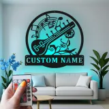 Personalized Sitar Metal Wall Art | LED Music Notes Decor | Custom Musician Name Sign | Indian Instrument Art