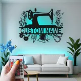 Personalized Sewing Machine LED Sign | Custom Metal Wall Art for Craft Room | Vintage Floral Seamstress Gift