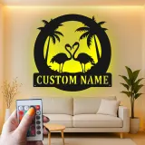 Panneau en métal Flamant Rose personnalisé | Art mural LED tropical | Décor de nom de maison de plage personnalisé | Cadeau décor de coucher de soleil