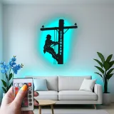 Lineman LED Metall-Wandkunst | Personalisierte Elektriker Geschenk | Individuelles Utility Worker Silhouette Schild mit RGB-Lichtern