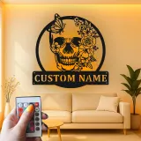 Floral Skull LED Metal Sign | Personalized Gothic Name Plaque | Custom Butterfly Wall Art for Home, Studio & Salon